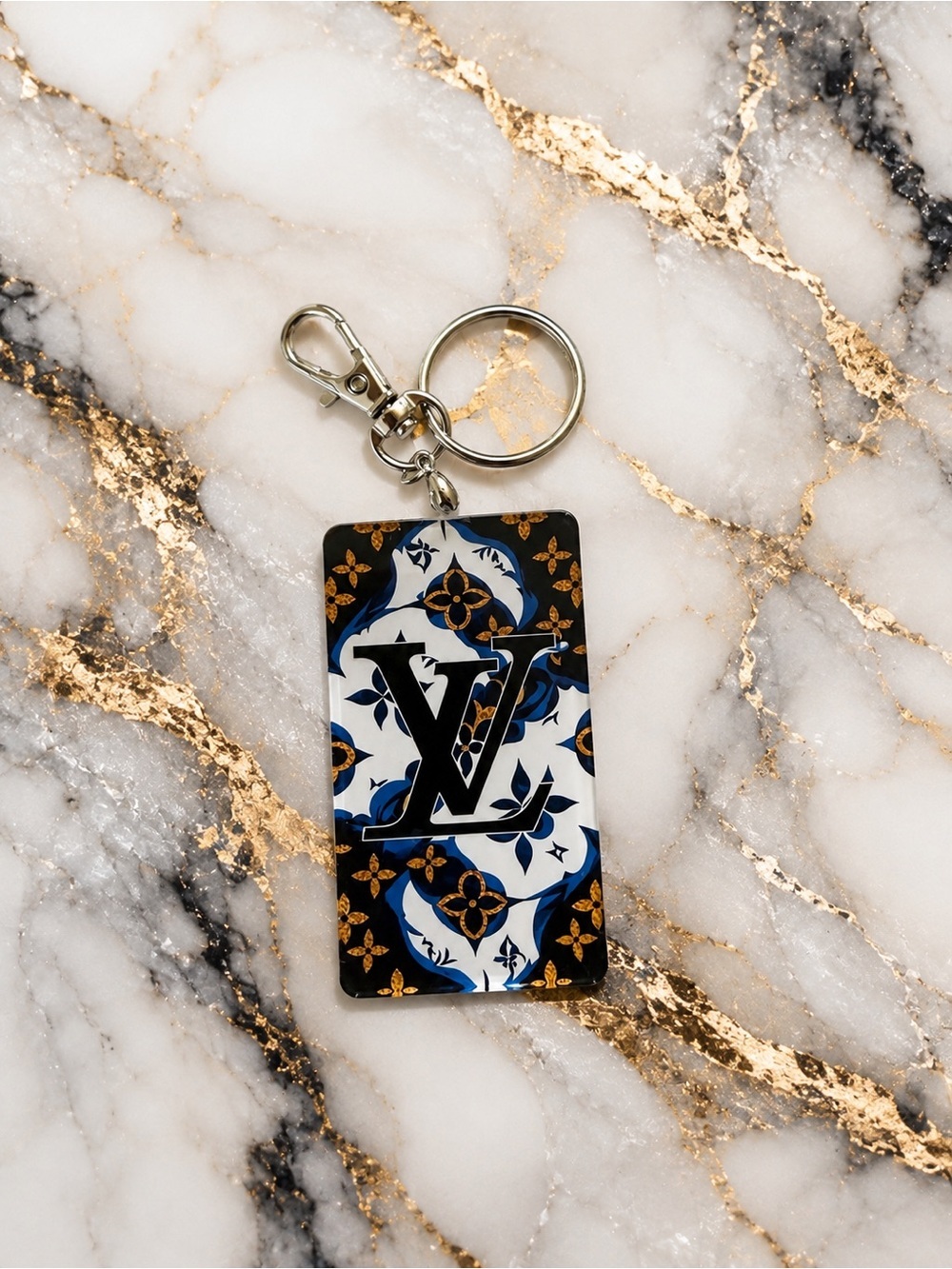 Blue Floral Monogram Bag Charm Keychain Handmade Luxe Fashion Accessory